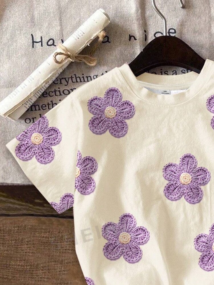 Tween Girl Casual Cute Fun Textured Ditsy Floral, White Violet, Ditsy Floral Countryside, Round Neck Short Sleeve T-Shirt Loose Shorts Two Pieces Set Suitable For Spring/Summer, Graphic, Cozy, Girls Outfit Sets, Y2K, Vintage, Vacation, Polka Dot - Multicolor - View 4