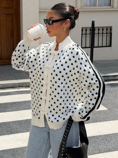 Muchica Cardigan en tricot à manches longues décontracté blanc à pois avec boutons devant pour femmes