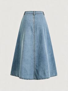 SHEIN MOD MOD 女款休閒寬鬆長版淺藍色牛仔裙，夏季日常牛仔裙，適合辦公室、90年代風、春季、牛仔女郎復古工作裙 - 淺色水洗藍 - 查看 2