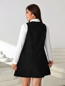 Solflare Plus Size Autumn/Winter Casual Front Button Sleeveless Dress - Black - View 5