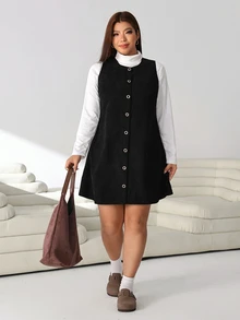 Solflare Plus Size Autumn/Winter Casual Front Button Sleeveless Dress - Black - View 3