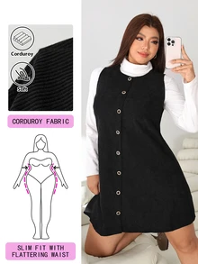 Solflare Plus Size Autumn/Winter Casual Front Button Sleeveless Dress - Black - View 1