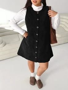 Solflare Plus Size Autumn/Winter Casual Front Button Sleeveless Dress - Black - View 4