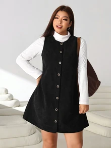 Solflare Plus Size Autumn/Winter Casual Front Button Sleeveless Dress - Black - View 2