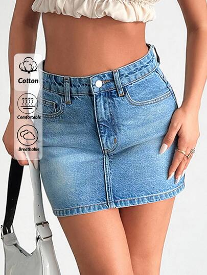 SHEIN 100Cotton Rigid Women High Waist Light Wash Casual Racing Denim Skirt Curve Formal Date Night Light Blue Summer