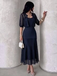 Modelyn Women's Brown Knitted Diamond Mesh Shawl And Brown Knitted Textured Patchwork Diamond Mesh A-Line Elegant Romantic Dress 2 Pieces Set - Navy Blue - View 8
