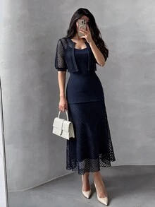 Modelyn Women's Brown Knitted Diamond Mesh Shawl And Brown Knitted Textured Patchwork Diamond Mesh A-Line Elegant Romantic Dress 2 Pieces Set - Navy Blue - View 7