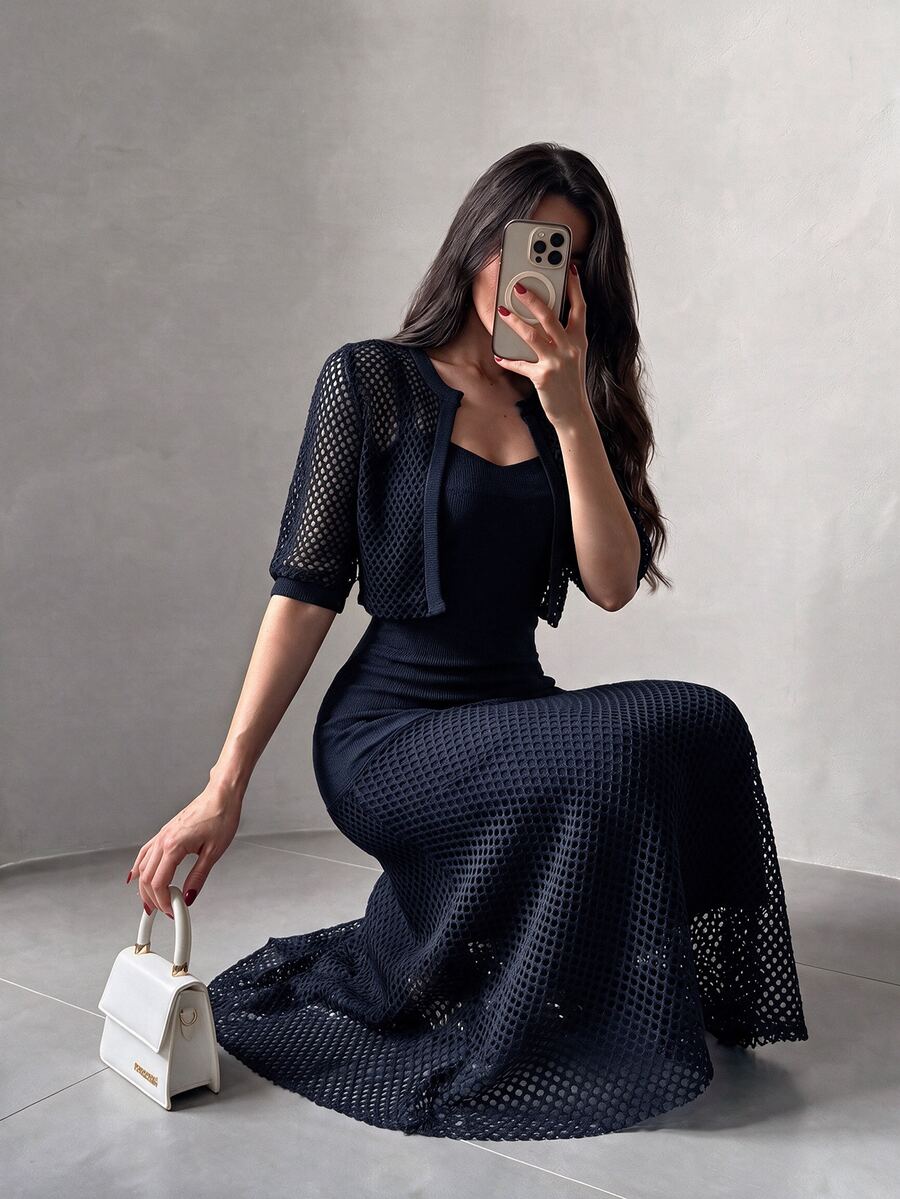 Modelyn Women's Brown Knitted Diamond Mesh Shawl And Brown Knitted Textured Patchwork Diamond Mesh A-Line Elegant Romantic Dress 2 Pieces Set - Navy Blue - View 1
