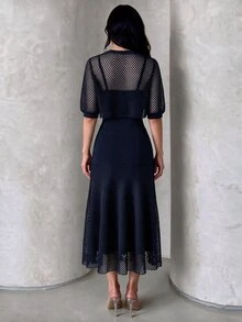 Modelyn Women's Brown Knitted Diamond Mesh Shawl And Brown Knitted Textured Patchwork Diamond Mesh A-Line Elegant Romantic Dress 2 Pieces Set - Navy Blue - View 2