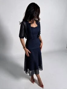 Modelyn Women's Brown Knitted Diamond Mesh Shawl And Brown Knitted Textured Patchwork Diamond Mesh A-Line Elegant Romantic Dress 2 Pieces Set - Navy Blue - View 5