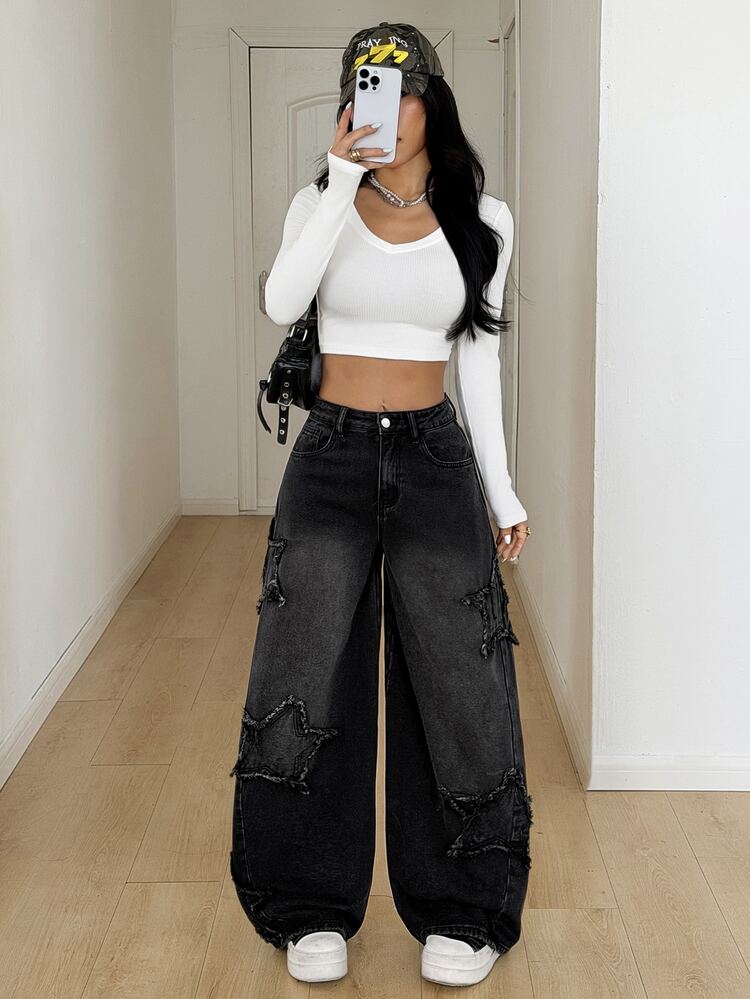 Coolane Celana Jeans Denim Longgar Wanita dengan Kancing Saku dan Bordir Patchwork - Hitam - View 6