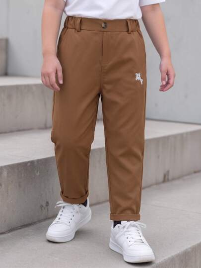 SHEIN Young Boy Casual Comfortable Solid Color Long Pants With One Button Decor And Slanted Pockets, Simple And Convenient Elastic Waist Design, Suitable For Daily Wear, Travel, Gatherings, Holidays, Versatile Fashion Outfit