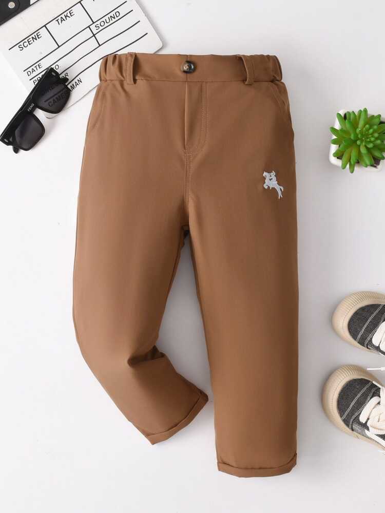 SHEIN Young Boy Casual Comfortable Solid Color Long Pants With One Button Decor And Slanted Pockets, Simple And Convenient Elastic Waist Design, Suitable For Daily Wear, Travel, Gatherings, Holidays, Versatile Fashion Outfit - Brown - View 2