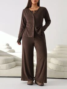 Solflare Plus Size Women Solid Color Long Sleeve Single-Breasted Cardigan, Camisole And Pants Casual Set - Coffee Brown - View 6
