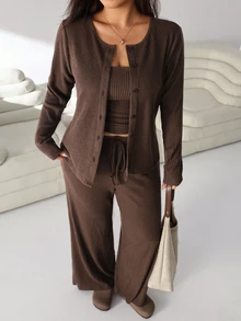 Solflare Plus Size Women Solid Color Long Sleeve Single-Breasted Cardigan, Camisole And Pants Casual Set - Coffee Brown - View 3