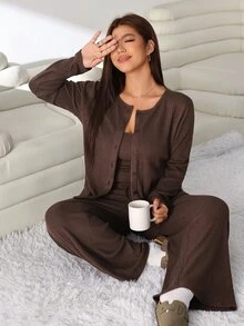 Solflare Plus Size Women Solid Color Long Sleeve Single-Breasted Cardigan, Camisole And Pants Casual Set - Coffee Brown - View 7