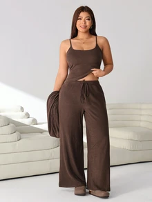 Solflare Plus Size Women Solid Color Long Sleeve Single-Breasted Cardigan, Camisole And Pants Casual Set - Coffee Brown - View 5