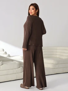 Solflare Plus Size Women Solid Color Long Sleeve Single-Breasted Cardigan, Camisole And Pants Casual Set - Coffee Brown - View 2