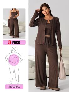 Solflare Plus Size Women Solid Color Long Sleeve Single-Breasted Cardigan, Camisole And Pants Casual Set - Coffee Brown - View 1