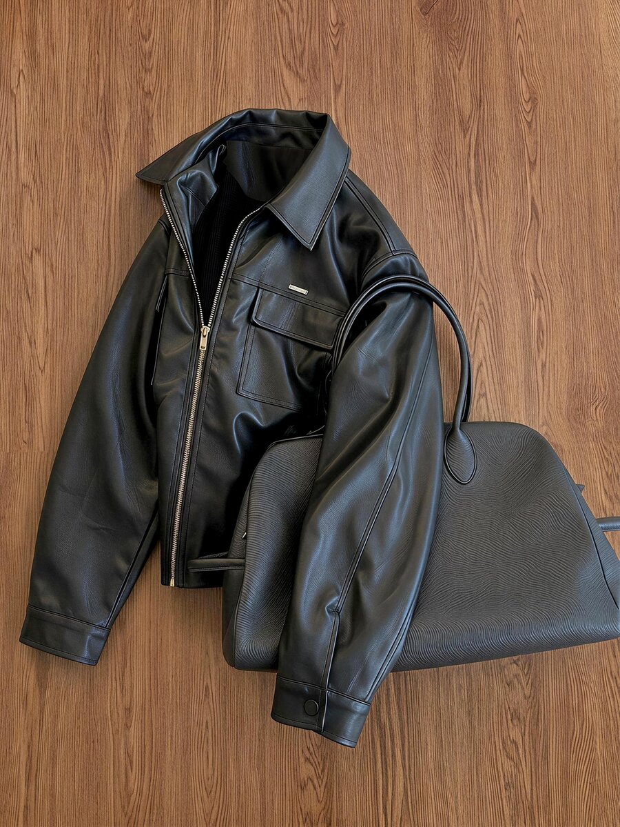 SWAVVY Men's Solid Color PU Leather Zipper Front Cargo Pocket Jacket - Black - View 1