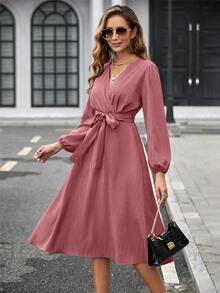 SHEIN Clasi Women's Elegant V-Neck Cross Waist Belt Solid Color Short Sleeve Mid-Length Dress - Pink - View 5