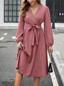SHEIN Clasi Women's Elegant V-Neck Cross Waist Belt Solid Color Short Sleeve Mid-Length Dress - Pink - View 3