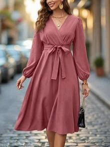 SHEIN Clasi Women's Elegant V-Neck Cross Waist Belt Solid Color Short Sleeve Mid-Length Dress - Pink - View 8