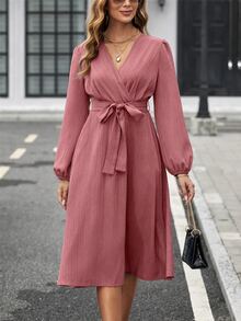 SHEIN Clasi Women's Elegant V-Neck Cross Waist Belt Solid Color Short Sleeve Mid-Length Dress - Pink - View 4