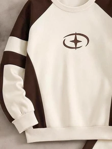 SHEIN Coolqubz 青少年男孩 2件/套 星星圖案袖子拼色運動衫與運動長褲套裝，大男孩休閒運動風運動服，秋季穿搭 - 卡其色 - 查看 3