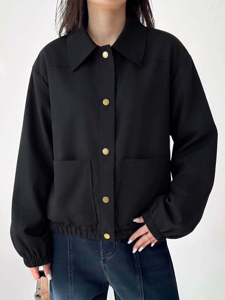 Aloruh Women's Fashion Single-Breasted Long Sleeve Pocket Jacket Streetwear - Black - View 6