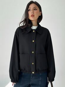 Aloruh 女款時尚單排扣長袖口袋夾克街頭風 - 黑色 - 查看 4