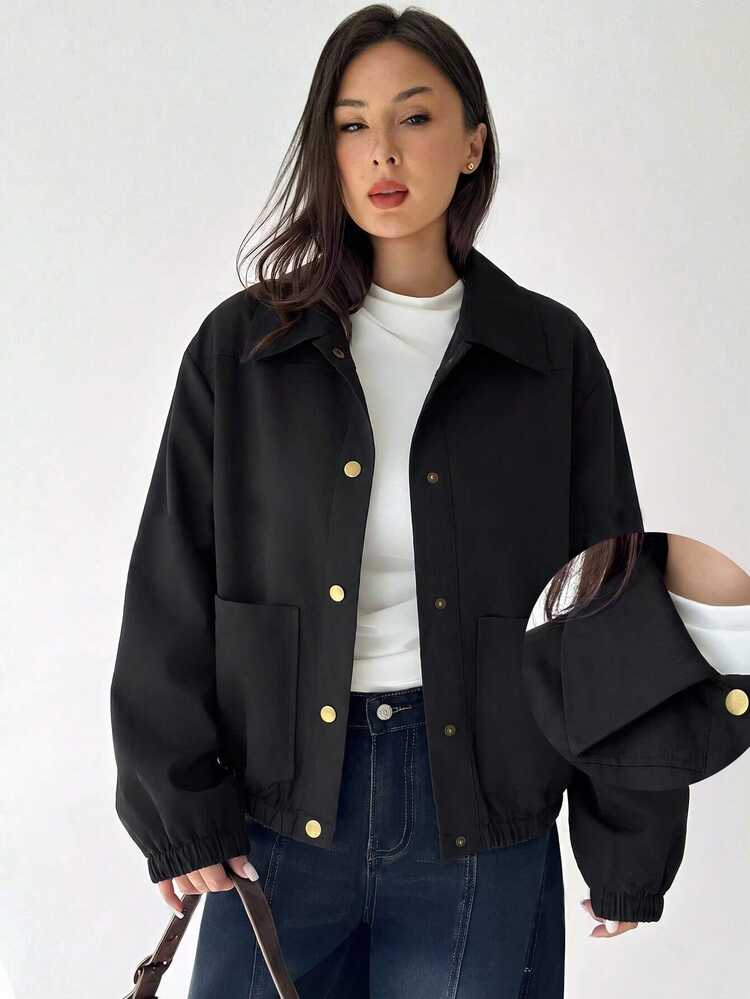 Aloruh Women's Fashion Single-Breasted Long Sleeve Pocket Jacket Streetwear - Black - View 1