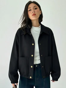 Aloruh 女款時尚單排扣長袖口袋夾克街頭風 - 黑色 - 查看 3