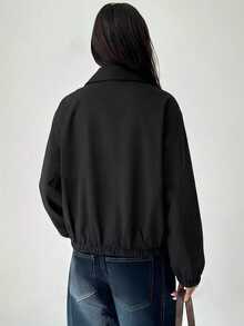 Aloruh 女款時尚單排扣長袖口袋夾克街頭風 - 黑色 - 查看 2