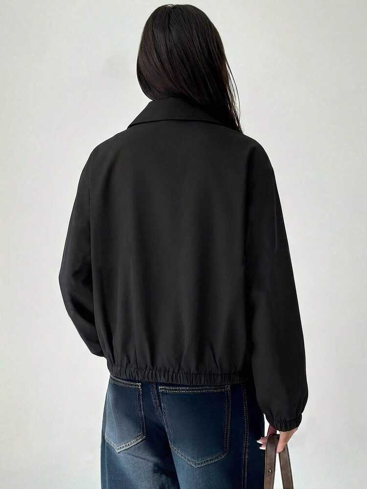 Aloruh Women's Fashion Single-Breasted Long Sleeve Pocket Jacket Streetwear - Black - View 2