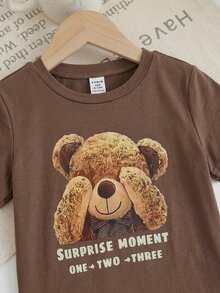 SHEIN LMoss Kids 女嬰針織卡通圓領短袖上衣與條紋寬腿長褲 2件套裝 - 棕色 - 查看 4