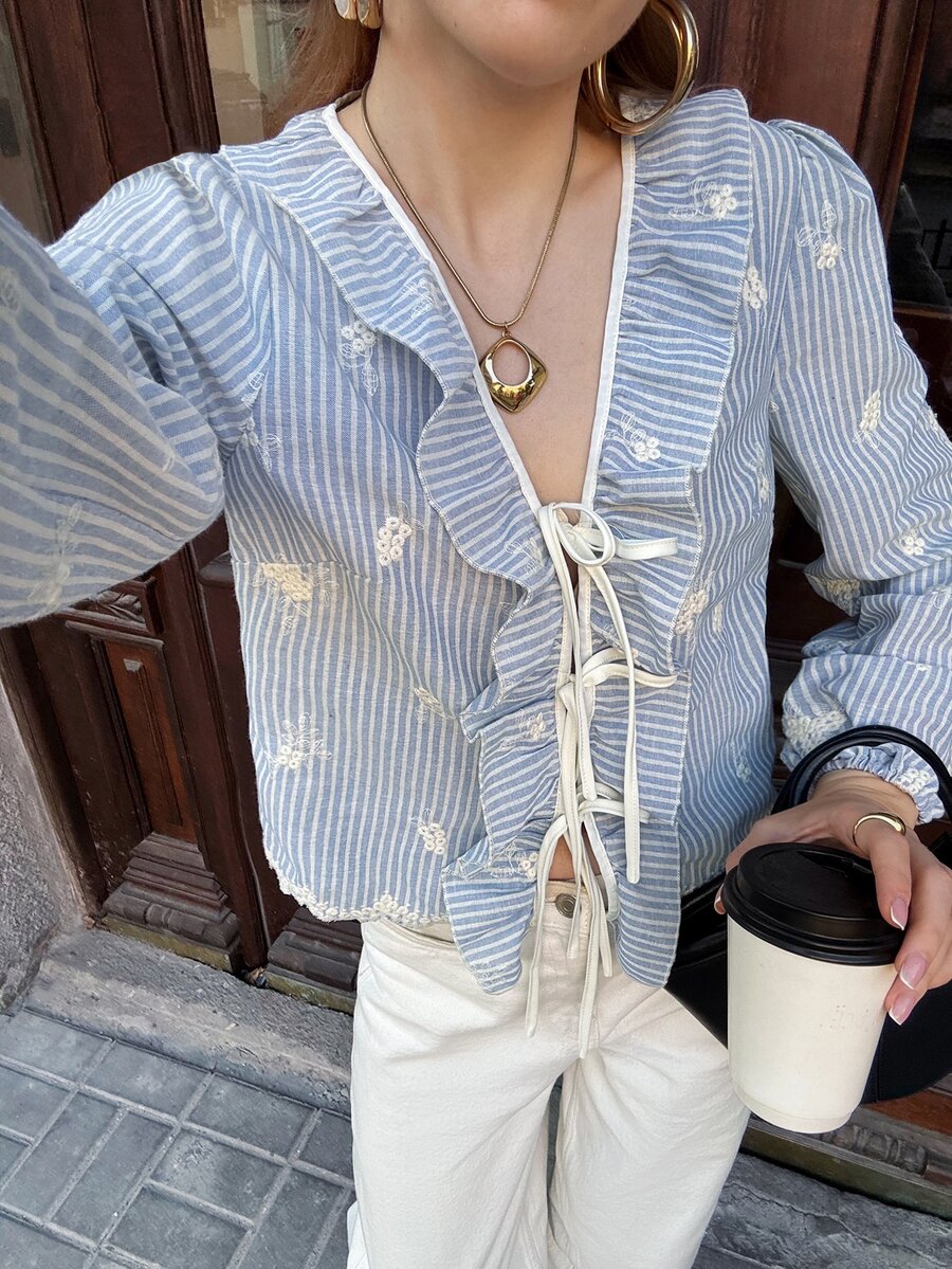 Serisse Women's Striped Patchwork Ruffle Front Tie Long Sleeve Blouse - Blue and White - View 1