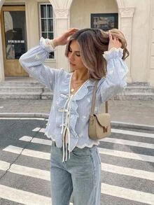 Serisse Women's Striped Patchwork Ruffle Front Tie Long Sleeve Blouse - Blue and White - View 6