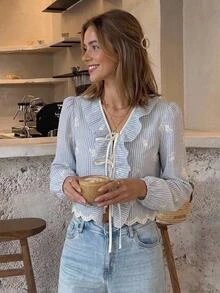 Serisse Women's Striped Patchwork Ruffle Front Tie Long Sleeve Blouse - Blue and White - View 3