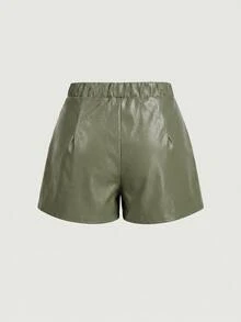 SHEIN MOD 大尺碼復古街頭風橄欖綠不對稱假分層短褲－學院風、70年代、休閒舒適、老錢風、夏季 - 軍綠色 - 查看 3
