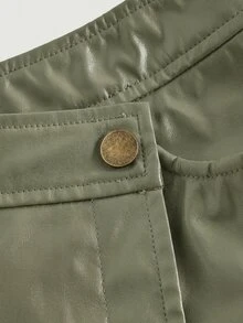 SHEIN MOD 大尺碼復古街頭風橄欖綠不對稱假分層短褲－學院風、70年代、休閒舒適、老錢風、夏季 - 軍綠色 - 查看 4