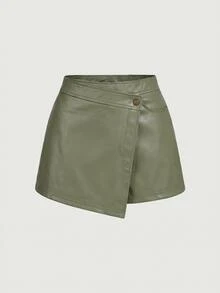 SHEIN MOD 大尺碼復古街頭風橄欖綠不對稱假分層短褲－學院風、70年代、休閒舒適、老錢風、夏季 - 軍綠色 - 查看 2