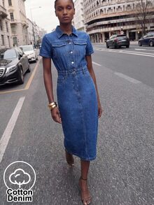 Maija 女款休閒牛仔洋裝，基礎牛仔洋裝，秋冬商務辦公穿搭，百搭牛仔洋裝，派對時尚經典洋裝 - 藍色 - 查看 13