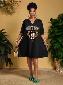Slaydiva Betty Boop x SHEIN Plus Size Summer Casual Leopard Print Heart Cartoon Graphic Dress - Multicolor - View 7