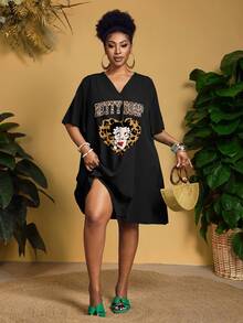 Slaydiva Betty Boop x SHEIN Plus Size Summer Casual Leopard Print Heart Cartoon Graphic Dress - Multicolor - View 9
