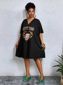 Slaydiva Betty Boop x SHEIN Plus Size Summer Casual Leopard Print Heart Cartoon Graphic Dress - Multicolor - View 13
