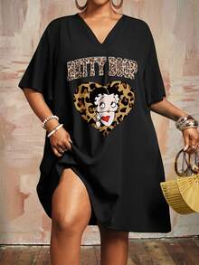 Slaydiva Betty Boop x SHEIN Plus Size Summer Casual Leopard Print Heart Cartoon Graphic Dress - Multicolor - View 12