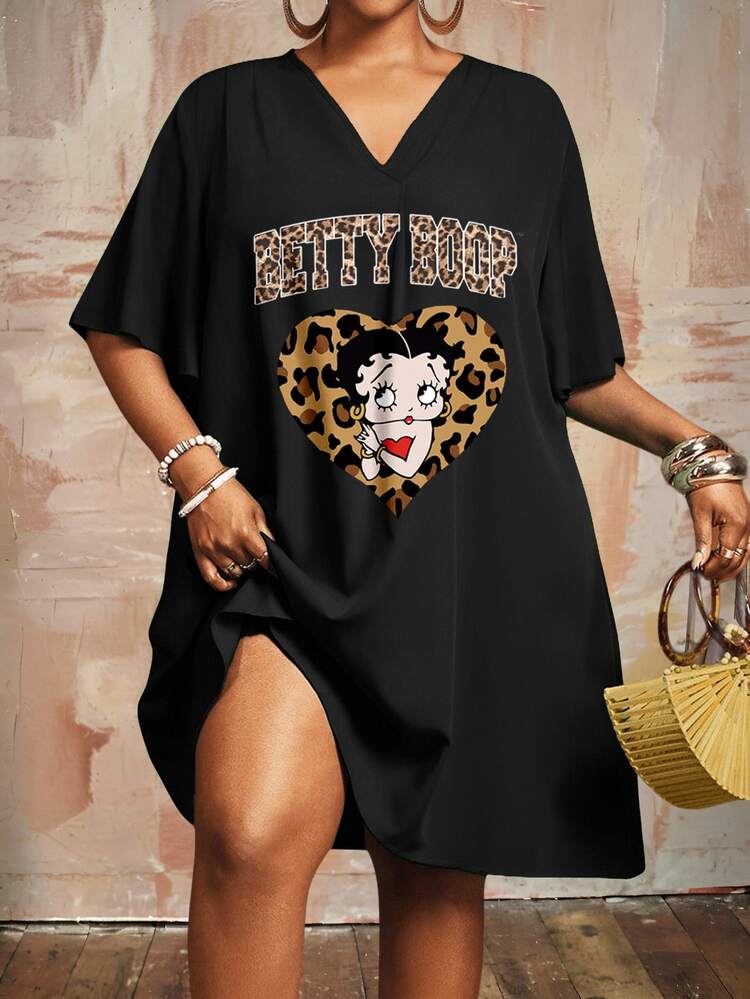 Slaydiva Betty Boop x SHEIN Plus Size Summer Casual Leopard Print Heart Cartoon Graphic Dress - Multicolor - View 12