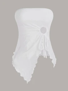 SHEIN ICON Drawstring Side Asymmetrical Hem Tube Asymmetrical Top - White - View 3