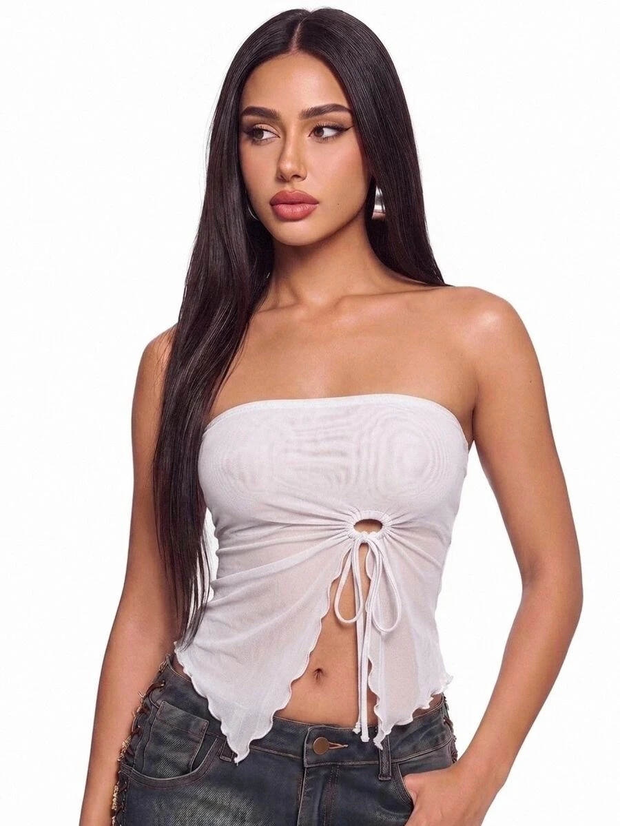 SHEIN ICON Drawstring Side Asymmetrical Hem Tube Asymmetrical Top - White - View 1
